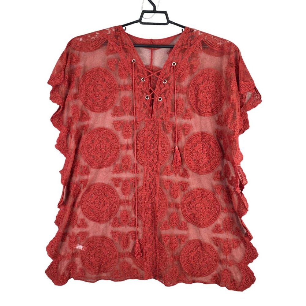 Womens Red Lace Crochet Poncho Top Tassel Tie Neckline & Ruffle Edges One Size